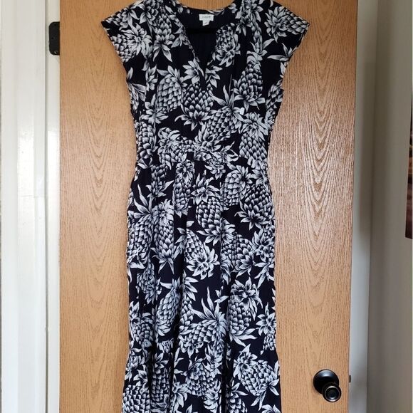 J. Crew Pineapple Print Sleeveless Crinkle Casual Midi Dress Navy White Size 4 - Picture 8 of 9